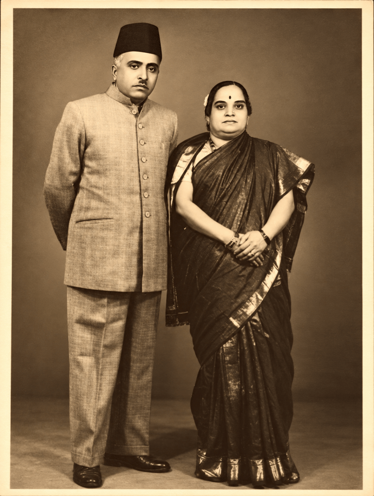 Vintage sepia photograph of Sulochana Aji standing beside her husband.