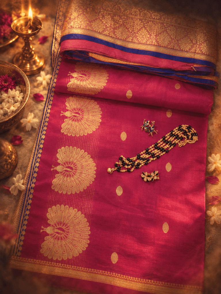 Traditional Paithani sari with inherited jewellery arranged beside a brass lamp and flowers.